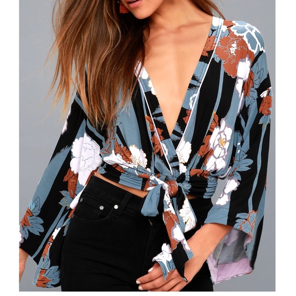 Free People Tops - Free People Slate Blue Floral Print Bell Sleeve Crop Top